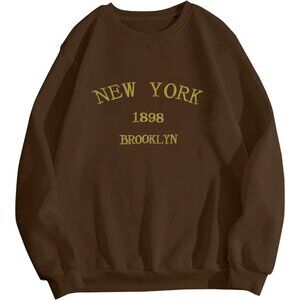 ⚡Women Brown New York 1898 Imported Graphic Crewneck Long Sleeve Sweatshirt